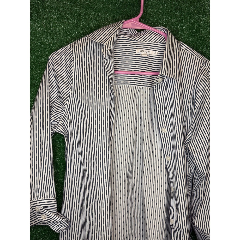 Small Chico's Navy White Striped Geometric Button Down Shirt Women's